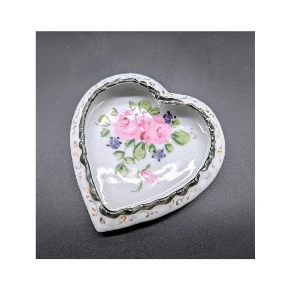 Antique Nippon Hand Painted Heart Shaped Porcelain Trinket Dish 4.5